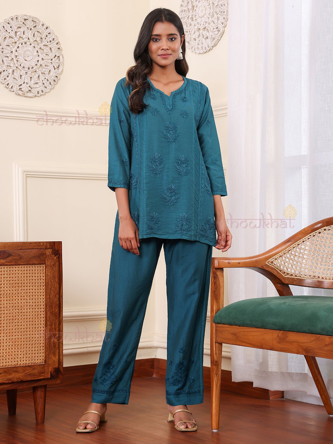 Saniya Chanderi Chikankari Kurti & Palazzo Set - Chowkhat Lifestyle