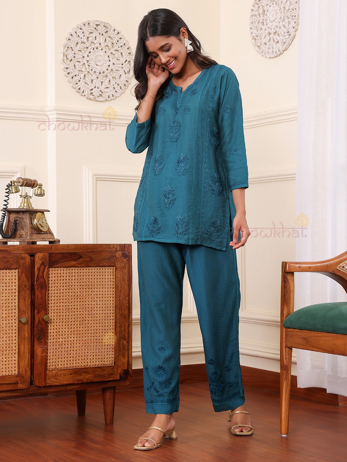 Saniya Chanderi Chikankari Kurti & Palazzo Set - Chowkhat Lifestyle