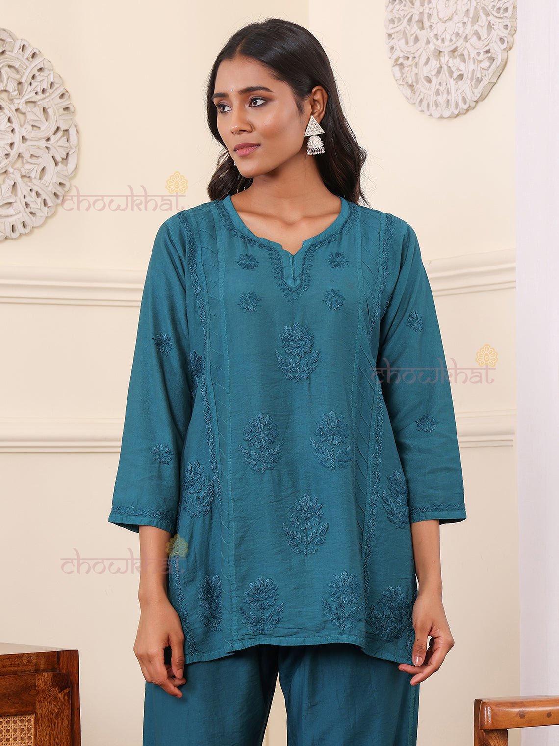 Saniya Chanderi Chikankari Kurti & Palazzo Set - Chowkhat Lifestyle