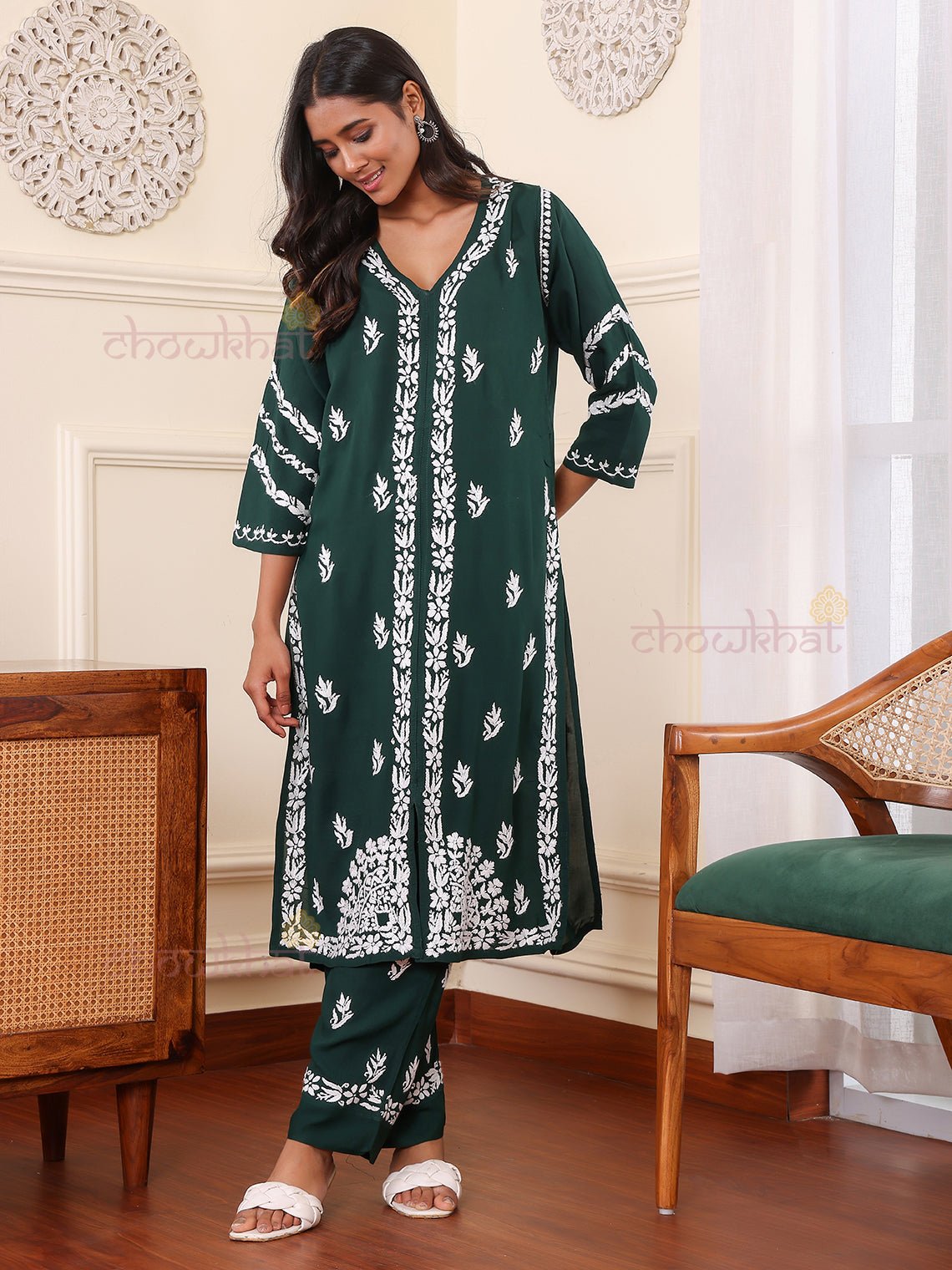 Heer Rayon Chikankari Kurti & Palazzo Set - Chowkhat Lifestyle