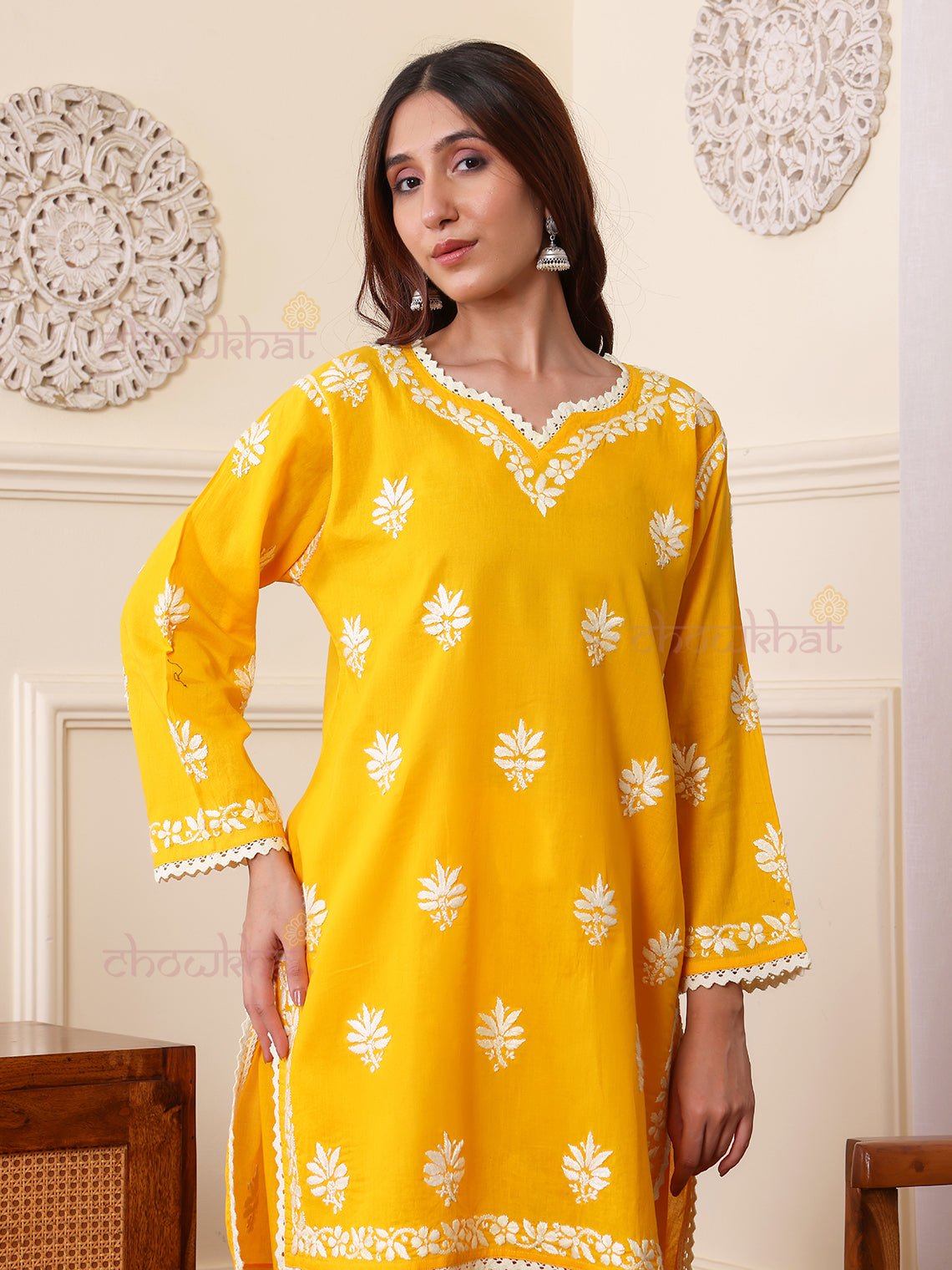 Ilma Cotton Chikankari Kurti & Palazzo Set with Lace Detailing - Chowkhat Lifestyle