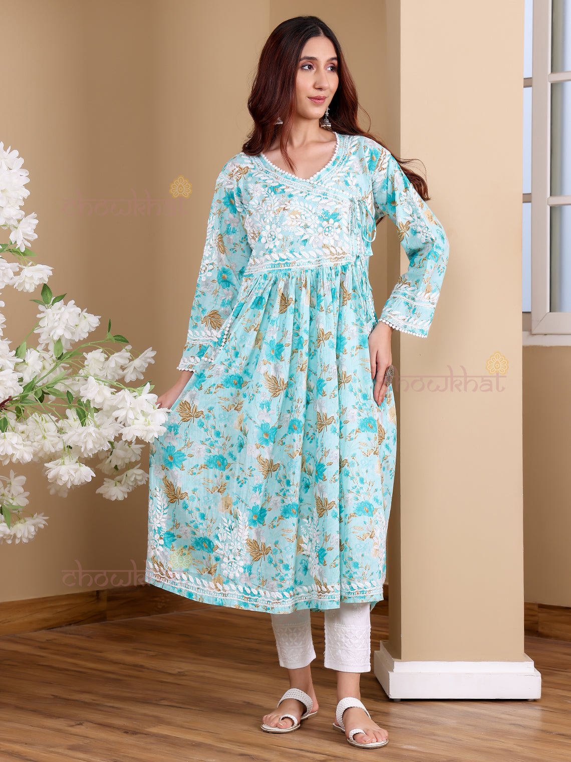 Kesar Angrakha Mul Cotton Chikankari Gown with pockets - Chowkhat Lifestyle