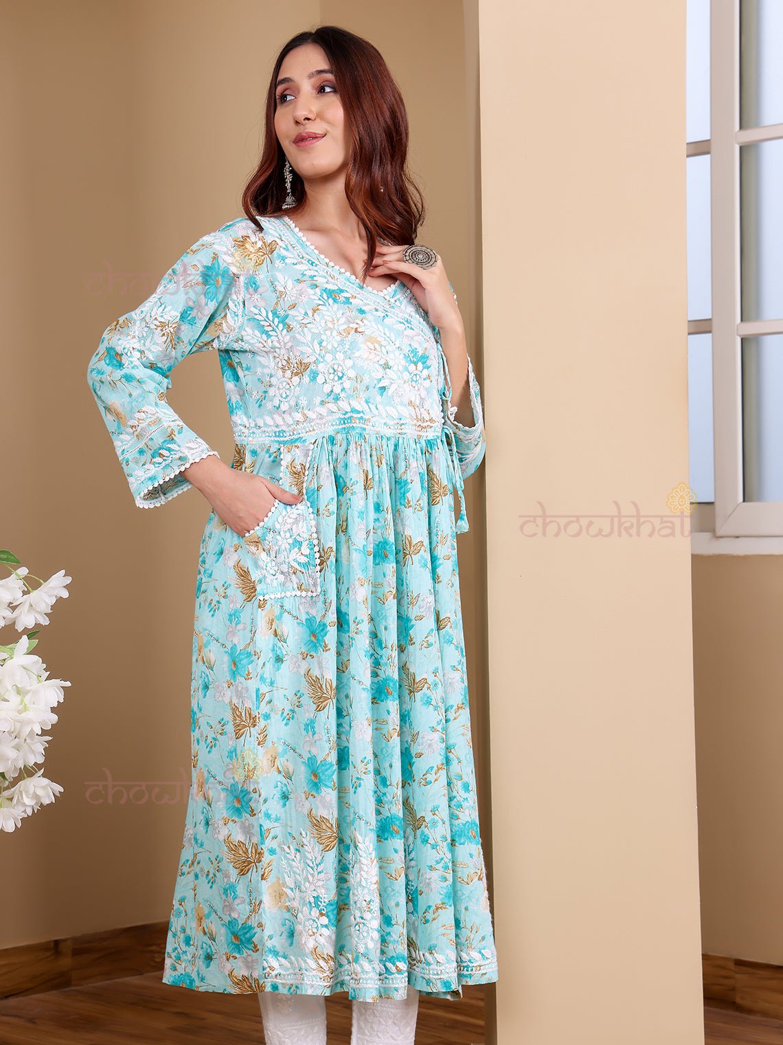 Kesar Angrakha Mul Cotton Chikankari Gown with pockets - Chowkhat Lifestyle