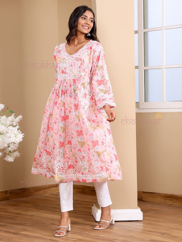 Kesar Angrakha Mul Cotton Chikankari Gown with pockets - Chowkhat Lifestyle