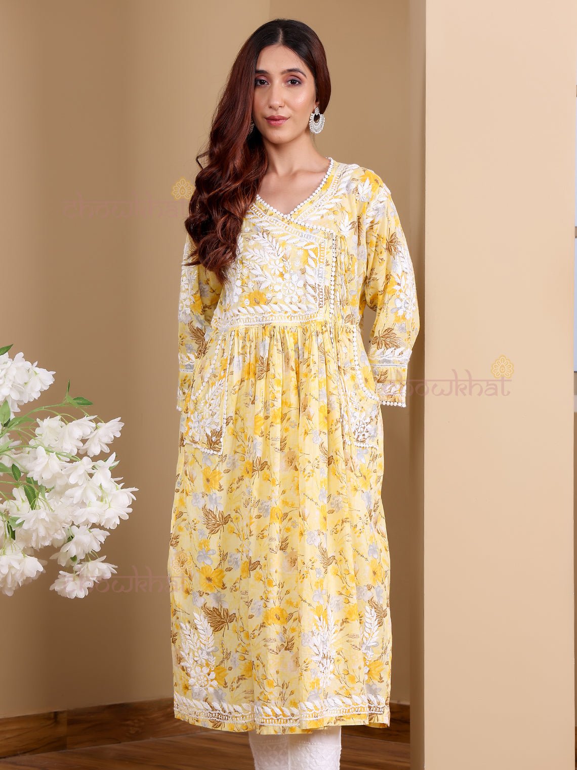 Kesar Angrakha Mul Cotton Chikankari Gown with pockets - Chowkhat Lifestyle