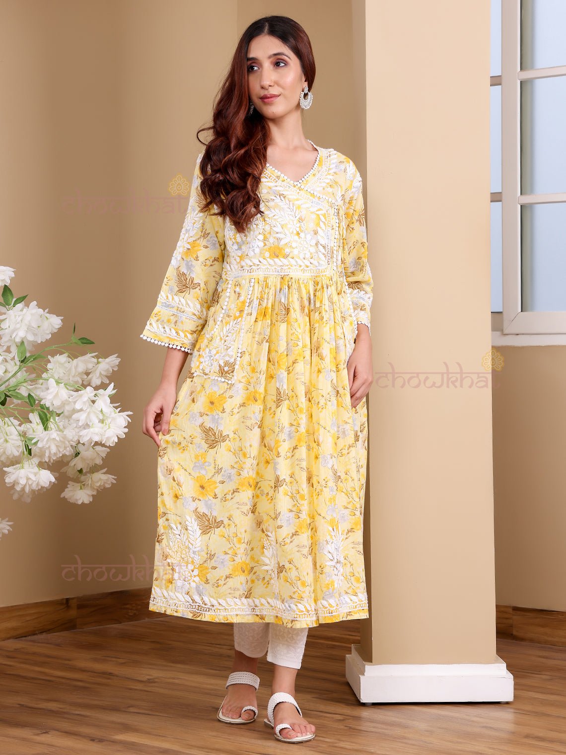 Kesar Angrakha Mul Cotton Chikankari Gown with pockets - Chowkhat Lifestyle