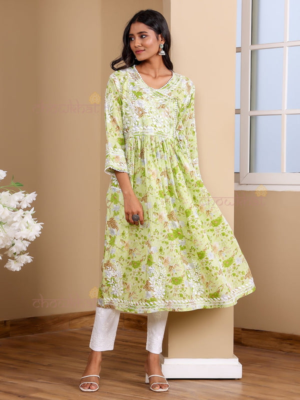 Kesar Angrakha Mul Cotton Chikankari Gown with pockets - Chowkhat Lifestyle