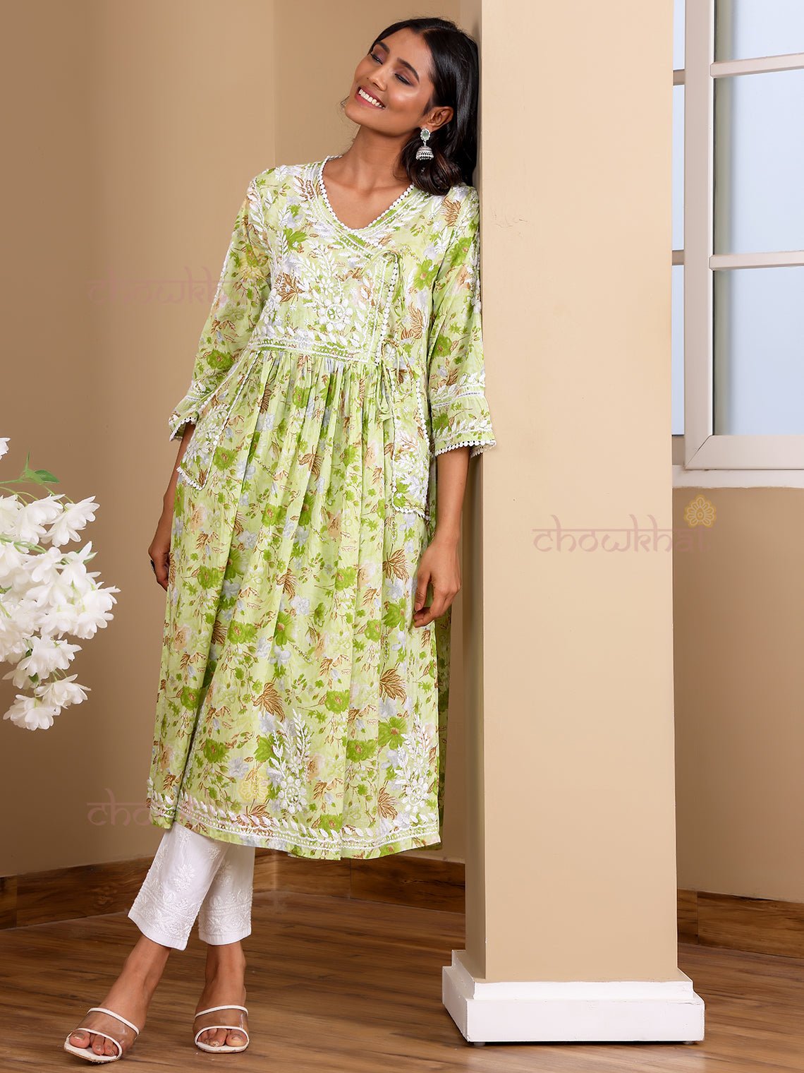 Kesar Angrakha Mul Cotton Chikankari Gown with pockets - Chowkhat Lifestyle