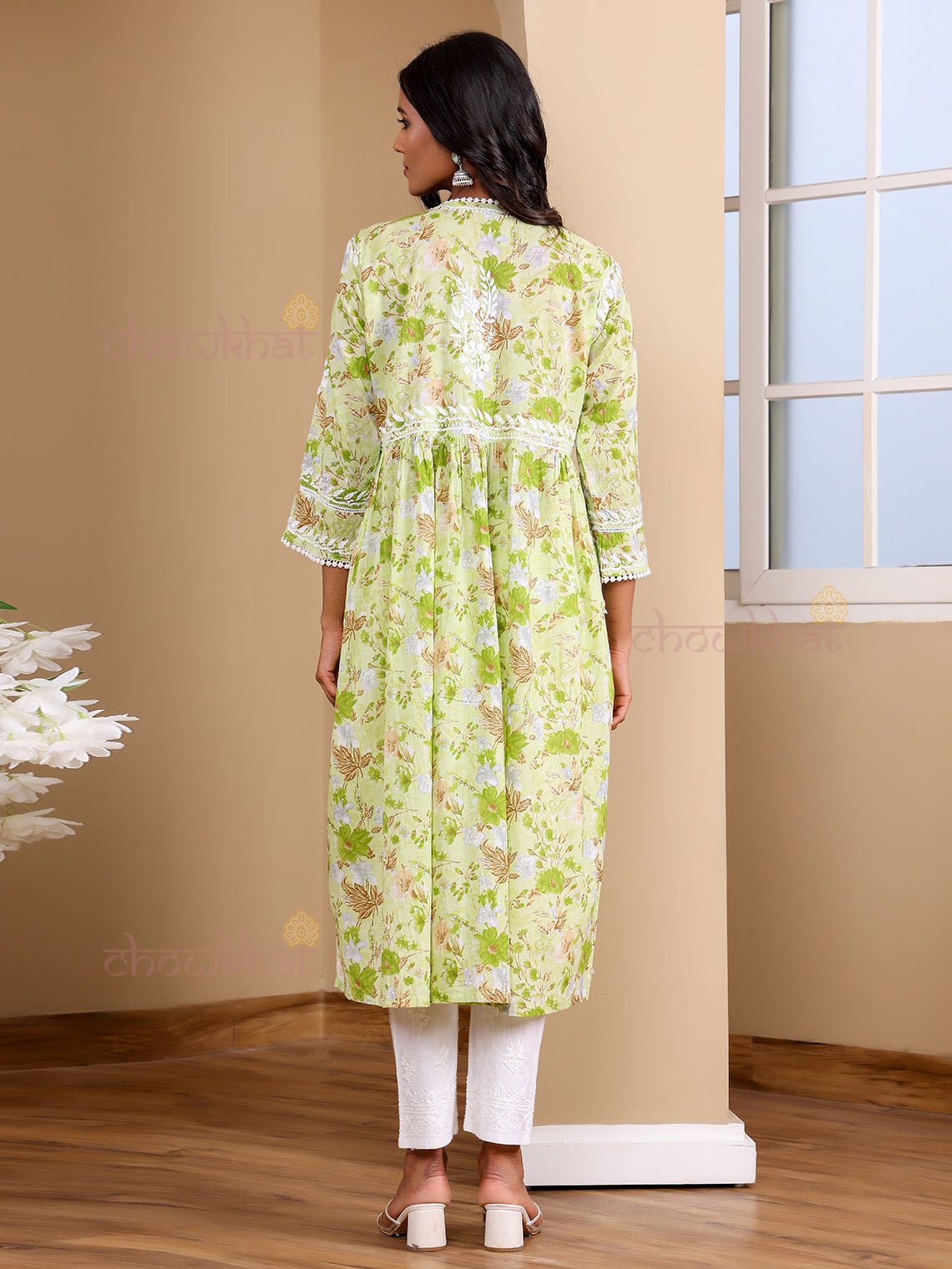 Kesar Angrakha Mul Cotton Chikankari Gown with pockets - Chowkhat Lifestyle