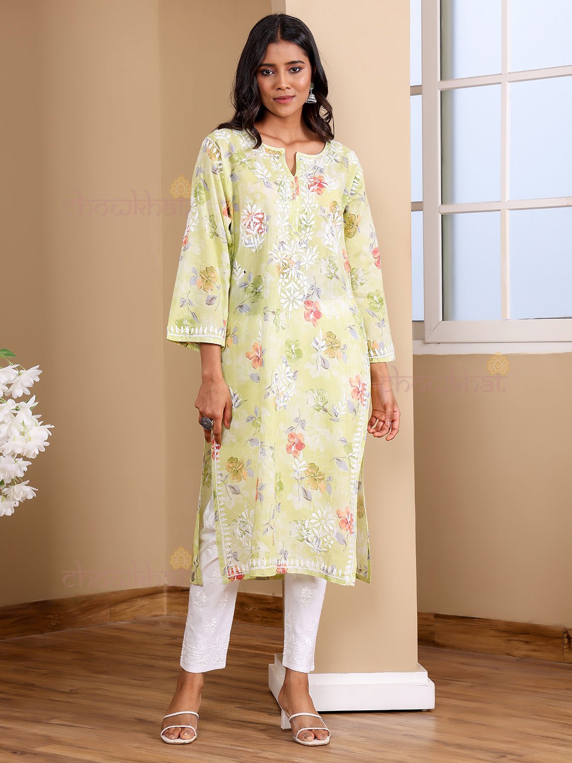 Mia Mul Cotton Long Chikankari Kurti - Chowkhat Lifestyle