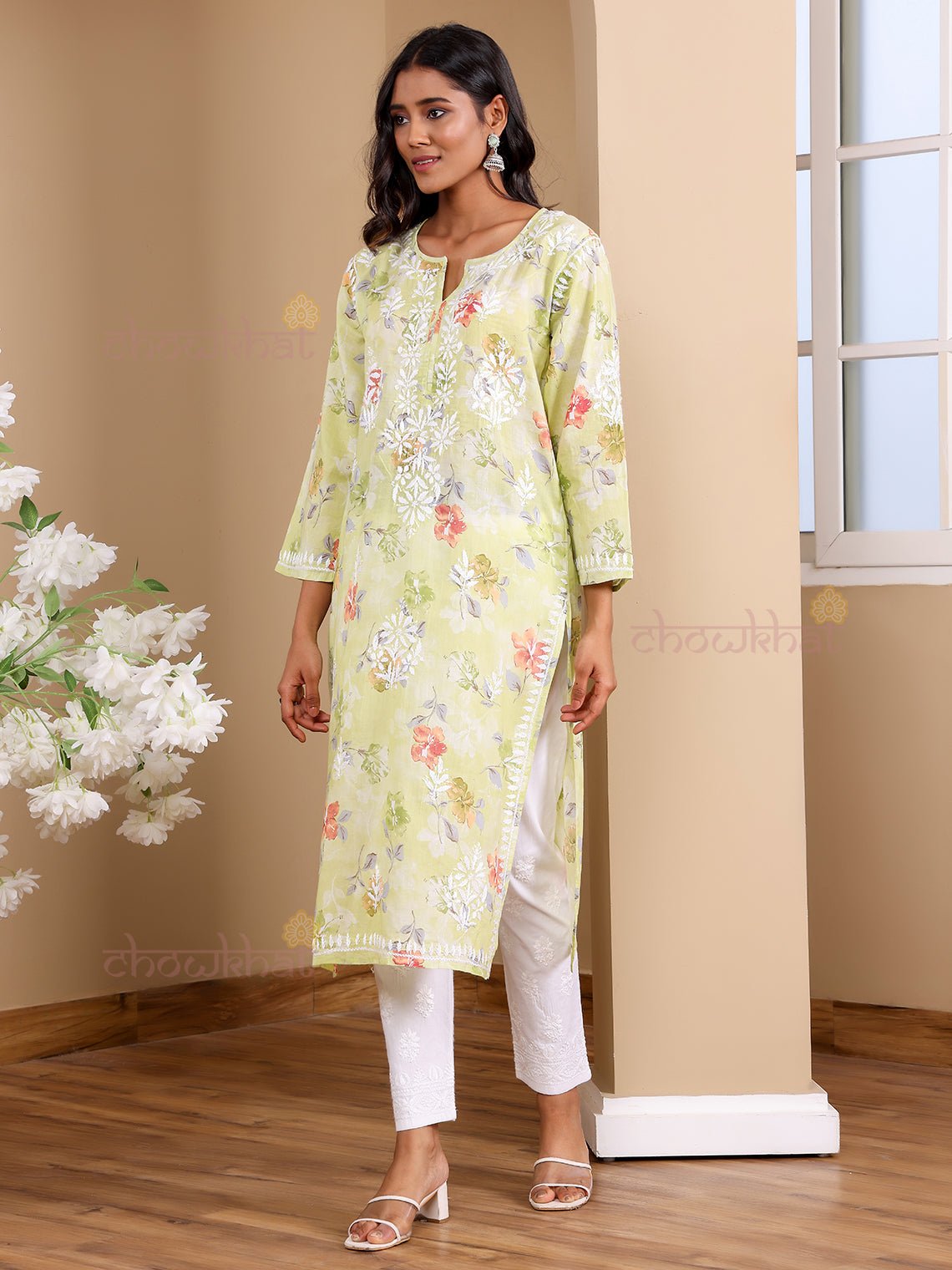 Mia Mul Cotton Long Chikankari Kurti - Chowkhat Lifestyle