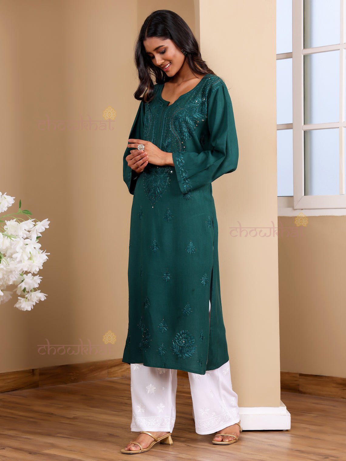 Noori Rayon Chikankari Kurti with Mukaish Work - Chowkhat Lifestyle