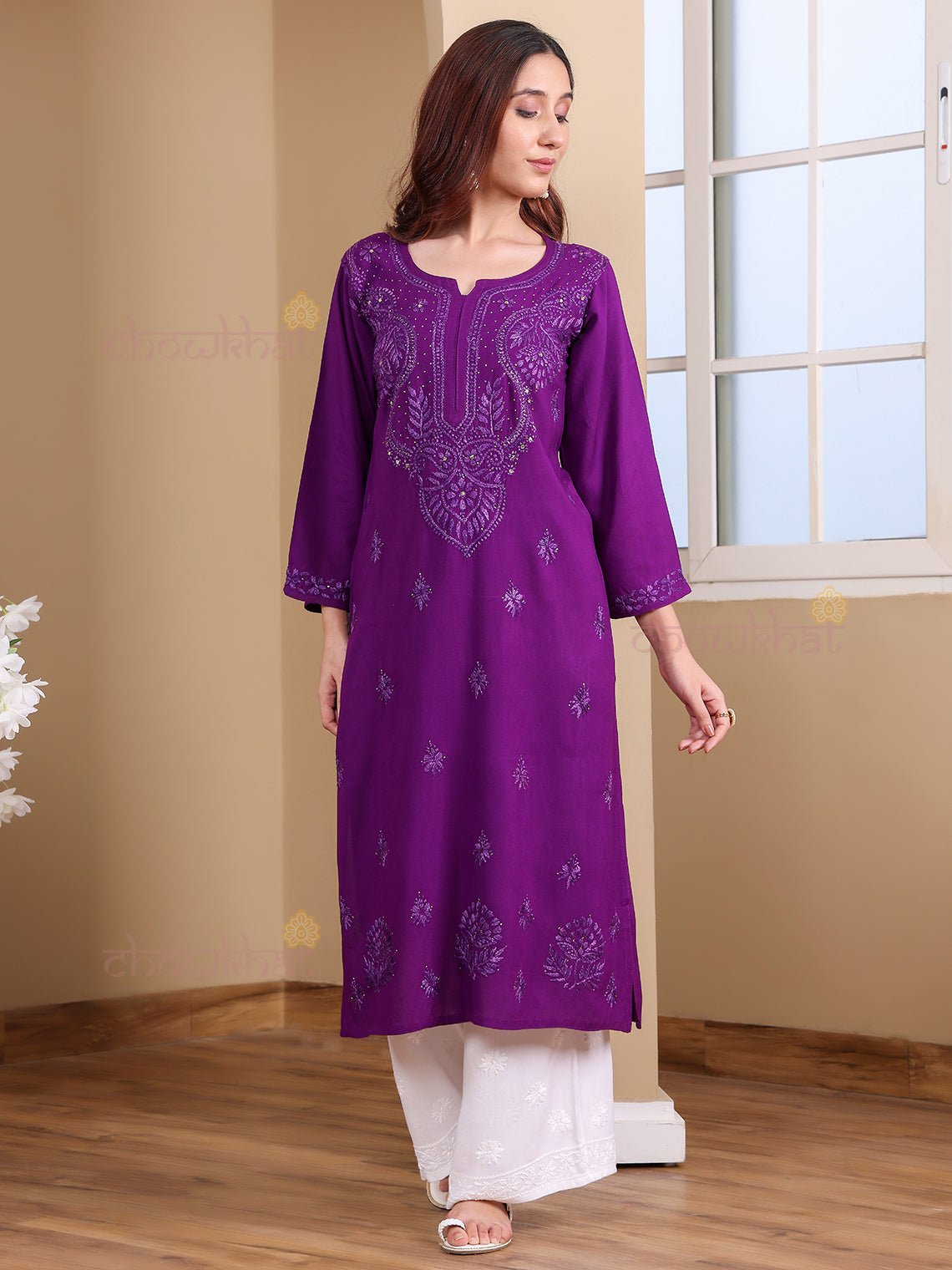 Noori Rayon Chikankari Kurti with Mukaish Work - Chowkhat Lifestyle