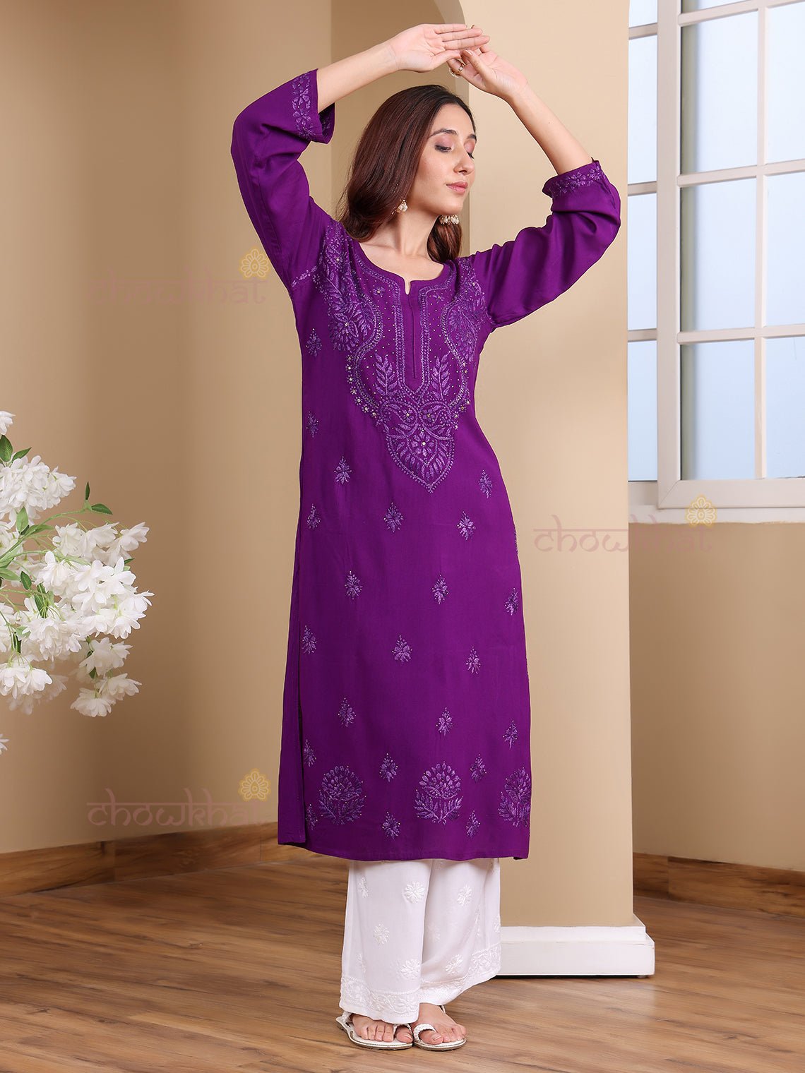 Noori Rayon Chikankari Kurti with Mukaish Work - Chowkhat Lifestyle