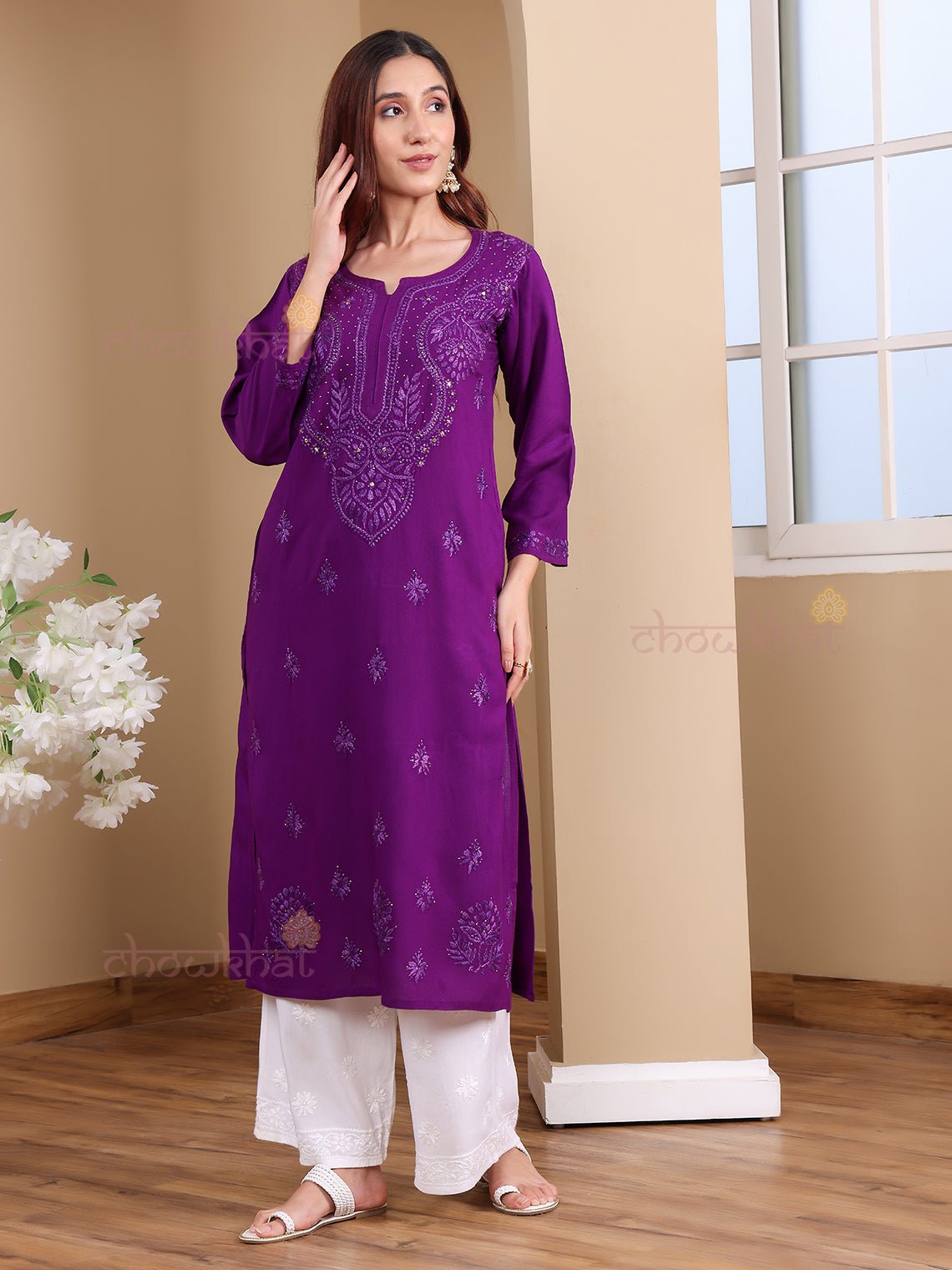 Noori Rayon Chikankari Kurti with Mukaish Work - Chowkhat Lifestyle