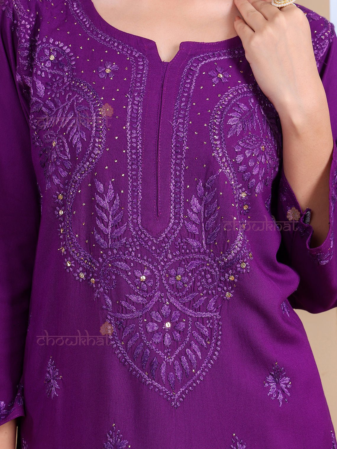 Noori Rayon Chikankari Kurti with Mukaish Work - Chowkhat Lifestyle