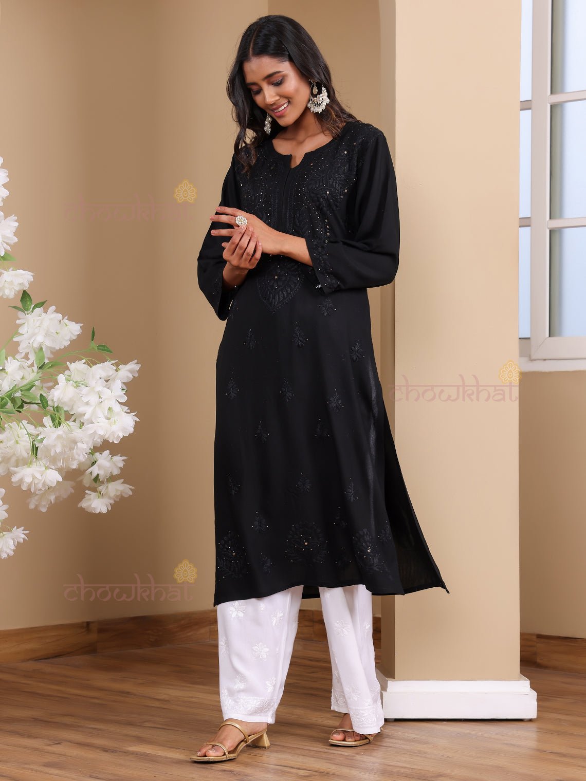 Noori Rayon Chikankari Kurti with Mukaish Work - Chowkhat Lifestyle