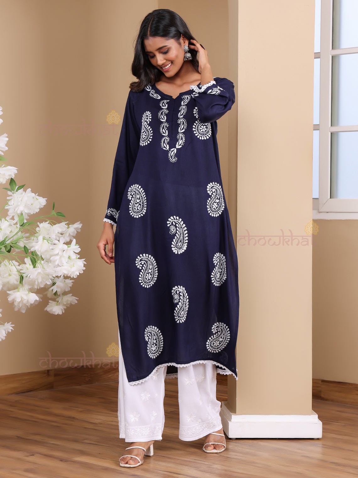 Riyaz Premium Rayon Long Chikankari Kurti - Chowkhat Lifestyle