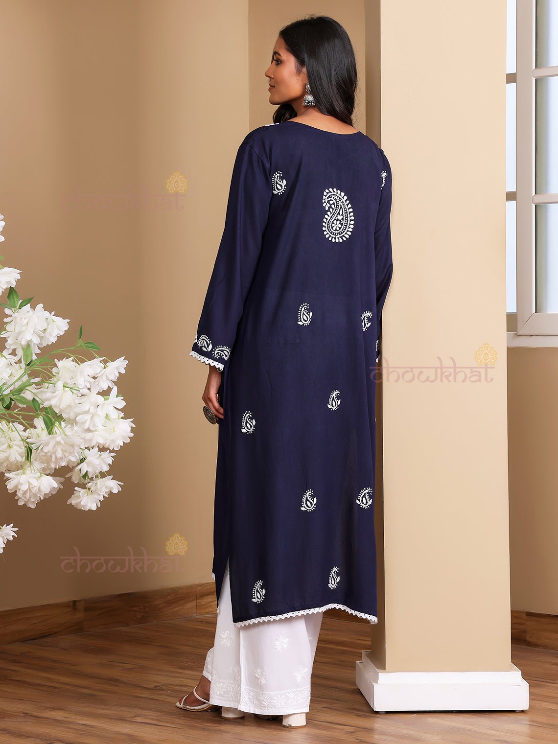 Riyaz Premium Rayon Long Chikankari Kurti - Chowkhat Lifestyle