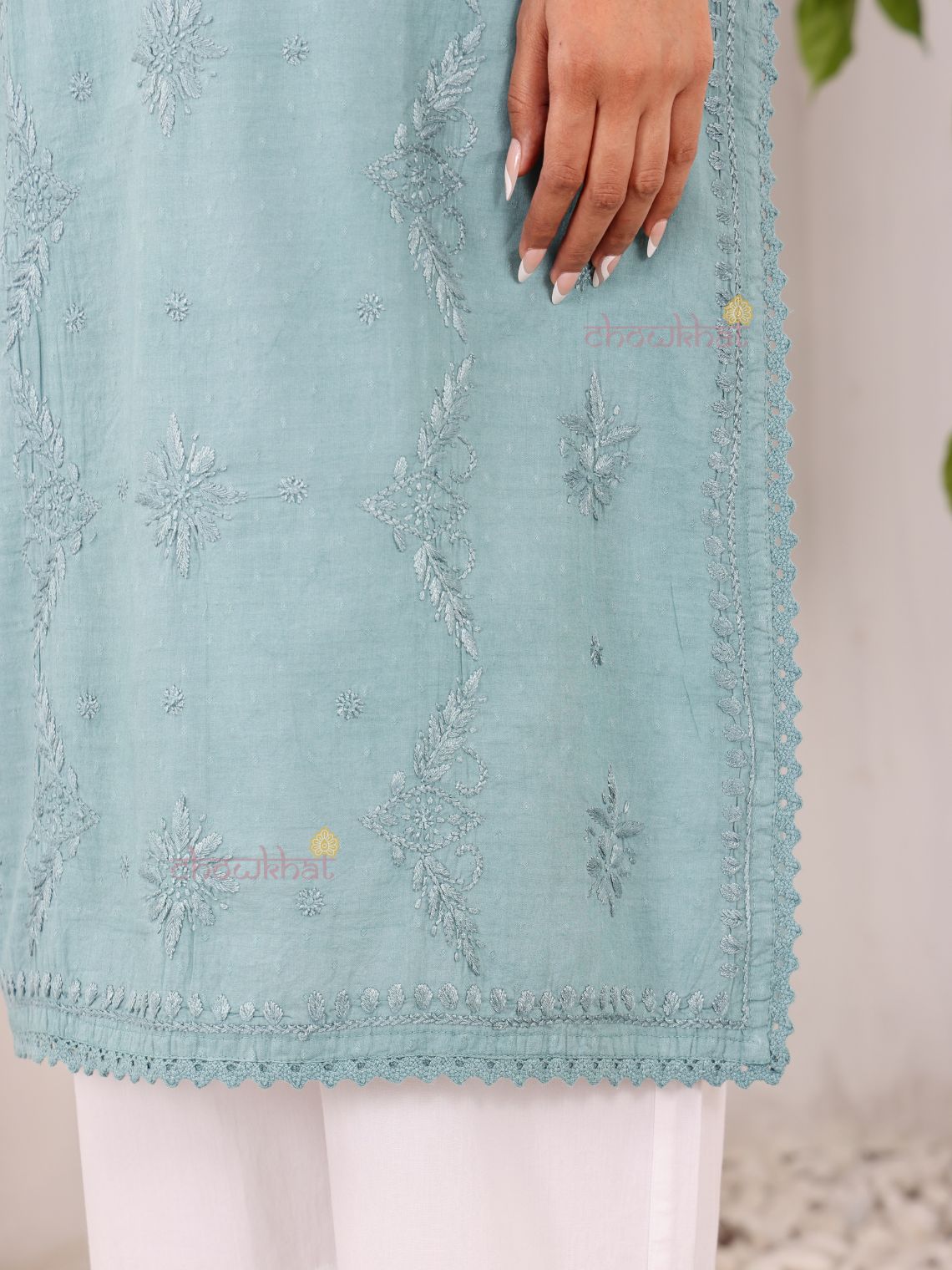 Tara Cotton Dobby Straight Long Chikankari Kurti with pocket