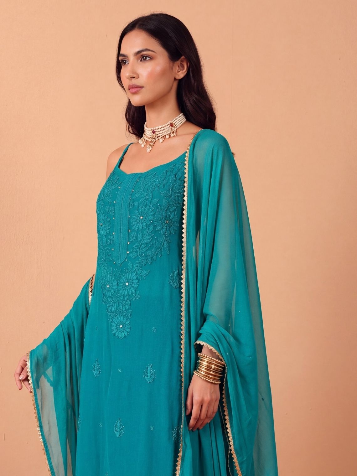Viha Georgette Strap 3 Piece Suit Set with Mukaish Work - Chowkhat Lifestyle