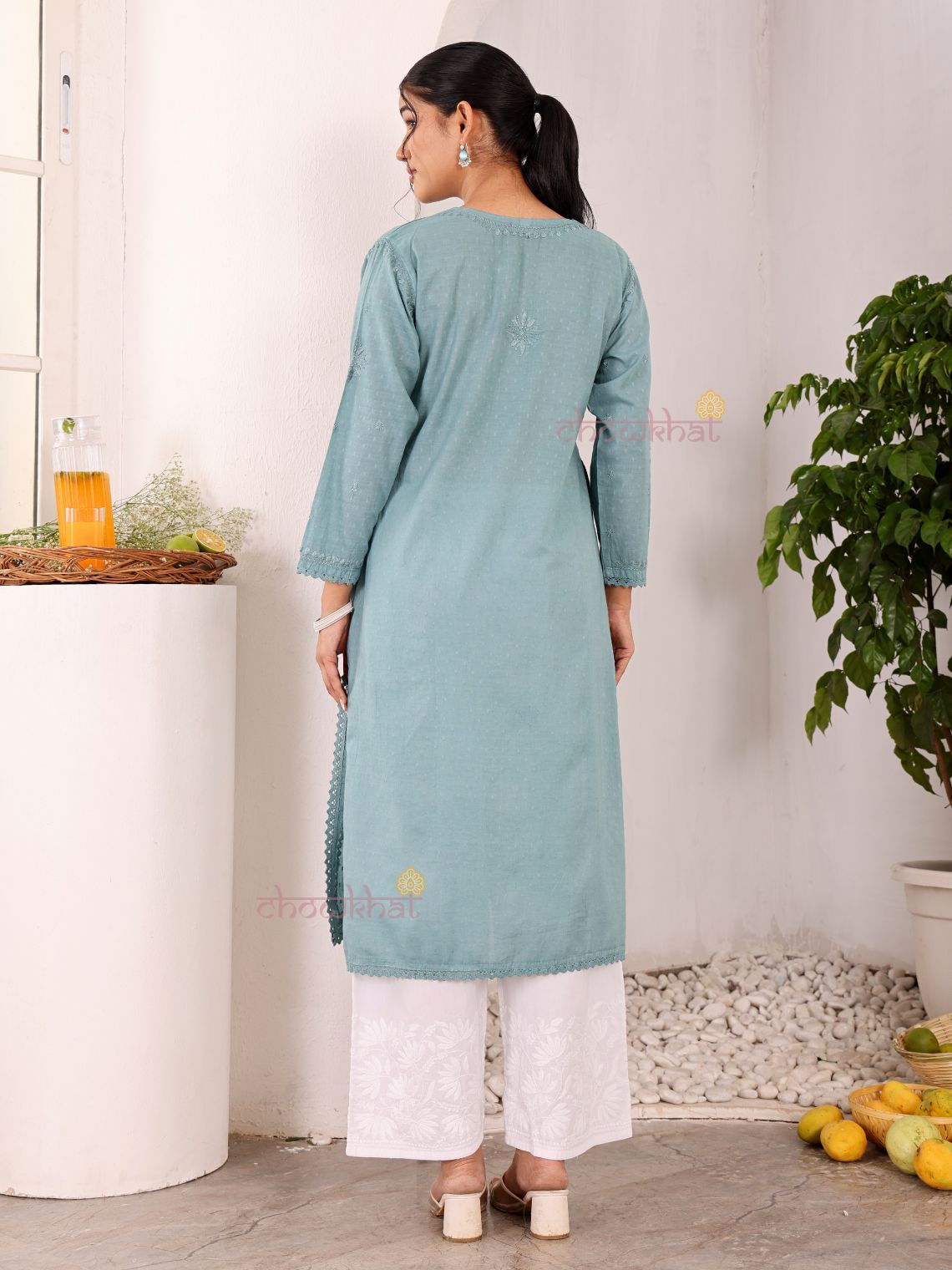 Tara Cotton Dobby Straight Long Chikankari Kurti with pocket