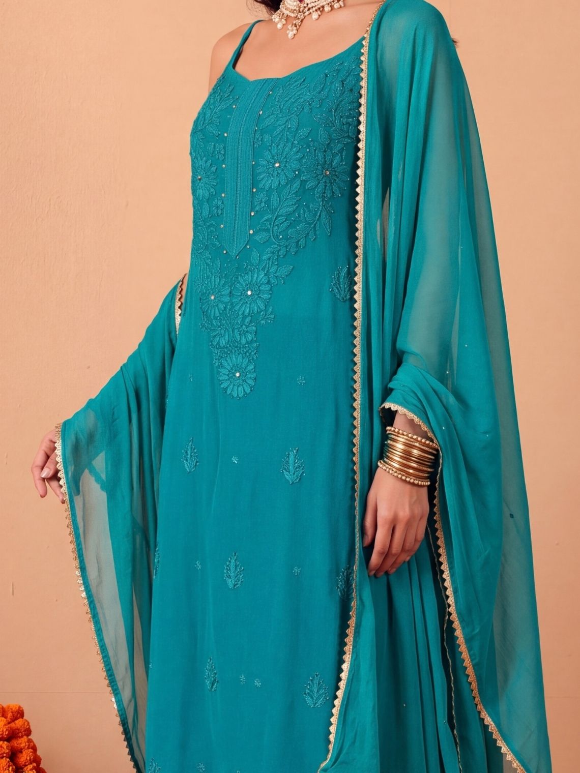 Viha Georgette Strap 3 Piece Suit Set with Mukaish Work - Chowkhat Lifestyle