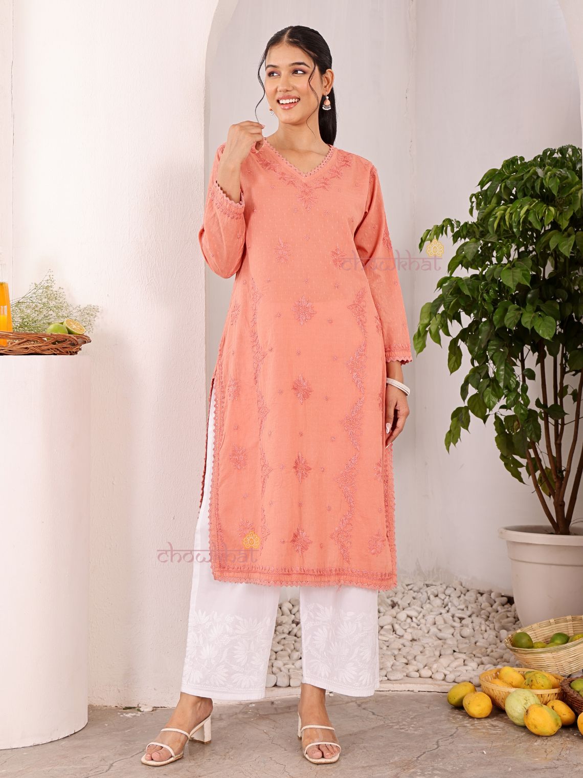 Tara Cotton Dobby Straight Long Chikankari Kurti with pocket - Chowkhat Lifestyle