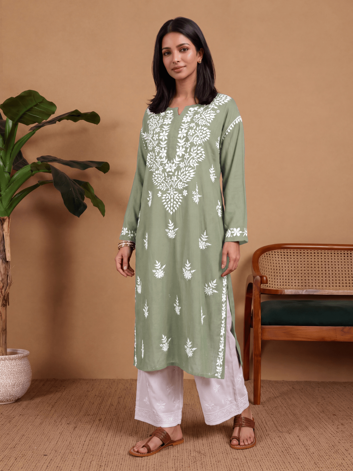 Kritika Rayon Straight Long Chikankari Kurti - Chowkhat Lifestyle