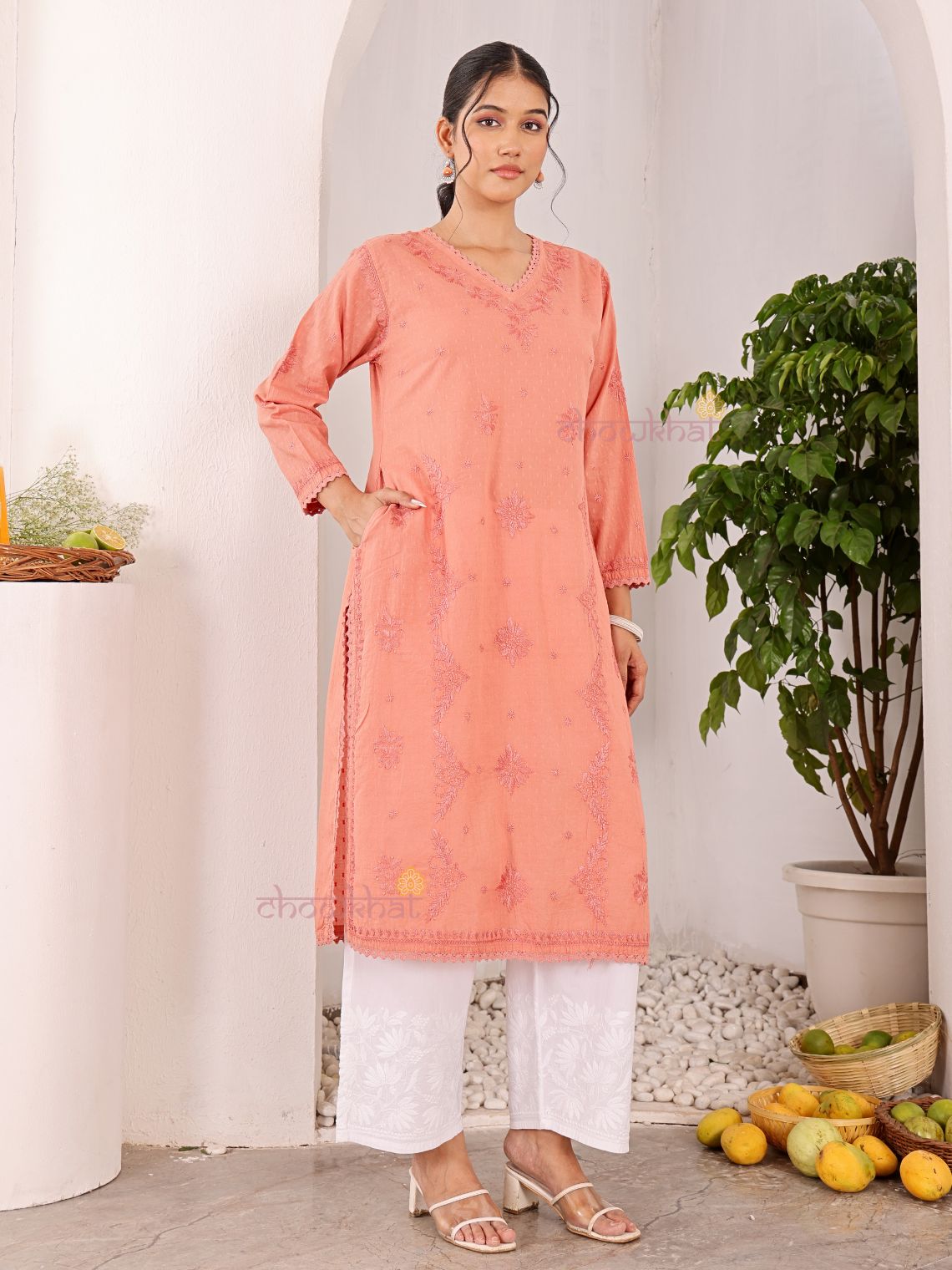 Tara Cotton Dobby Straight Long Chikankari Kurti with pocket - Chowkhat Lifestyle