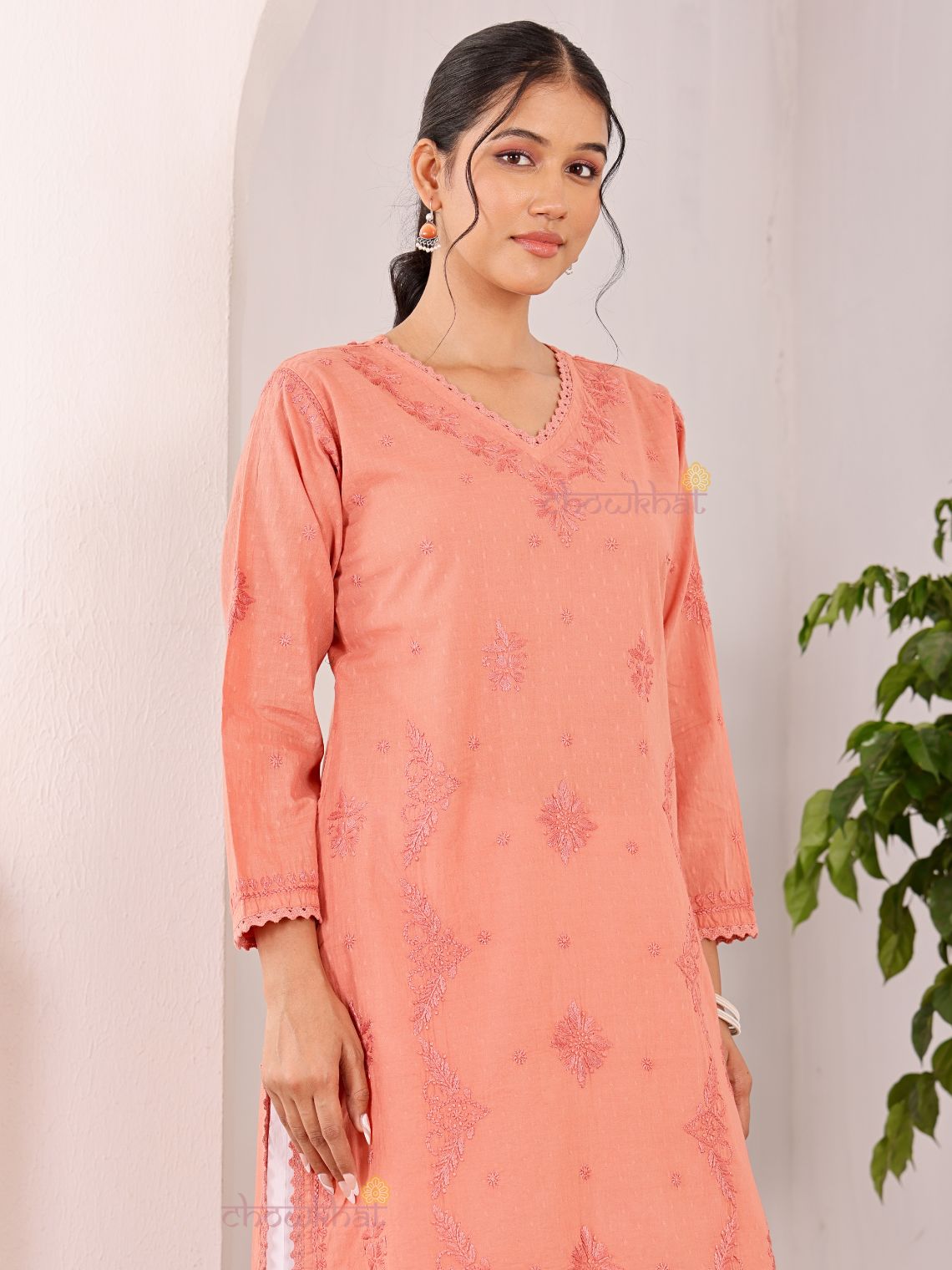 Tara Cotton Dobby Straight Long Chikankari Kurti with pocket - Chowkhat Lifestyle