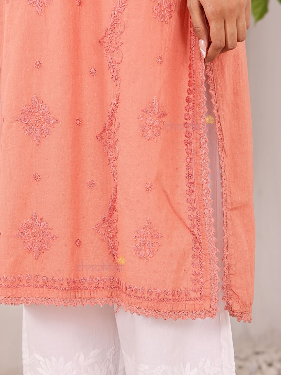 Tara Cotton Dobby Straight Long Chikankari Kurti with pocket - Chowkhat Lifestyle