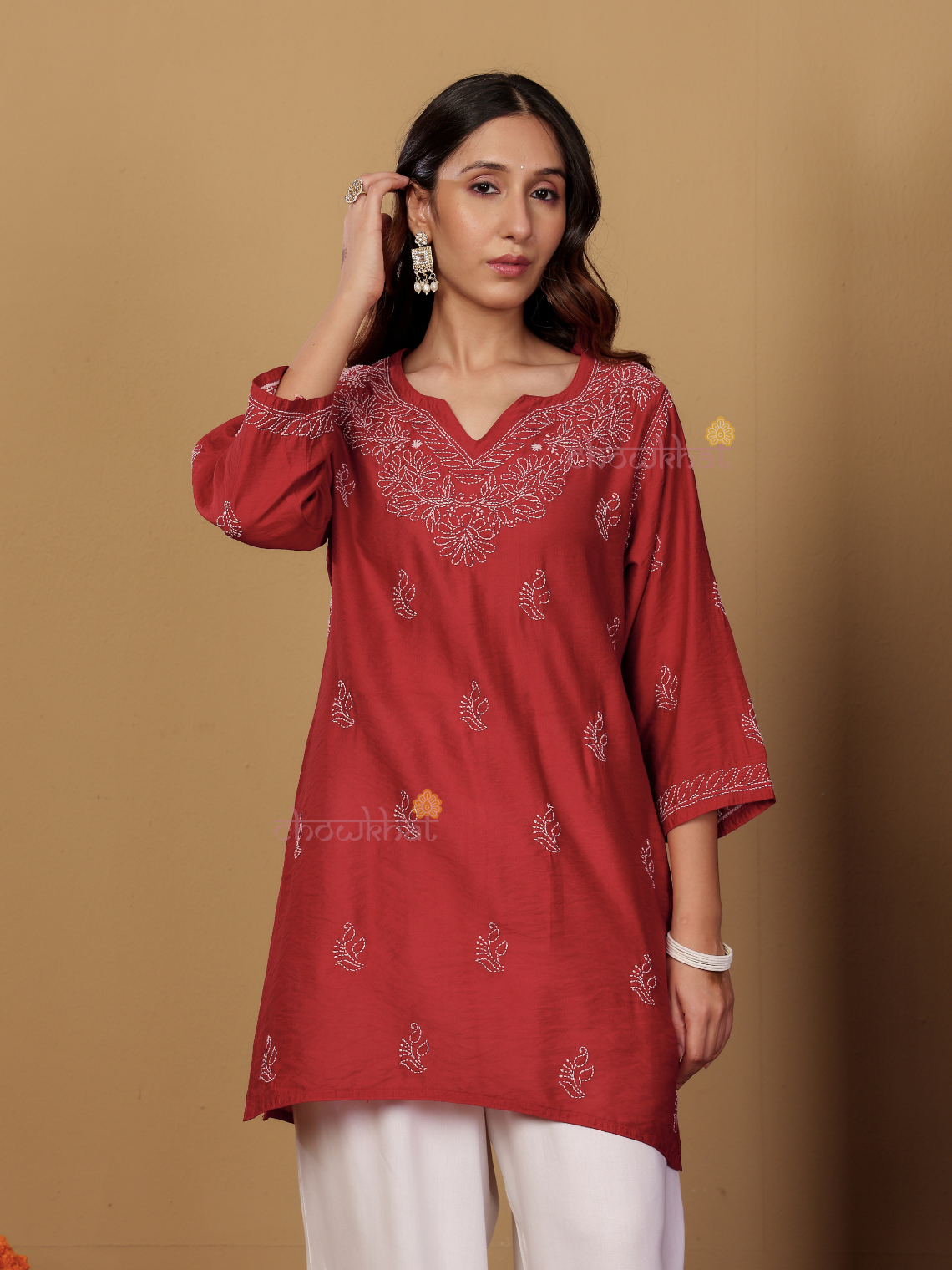 Azha Chanderi Straight Short Chikankari Kurti