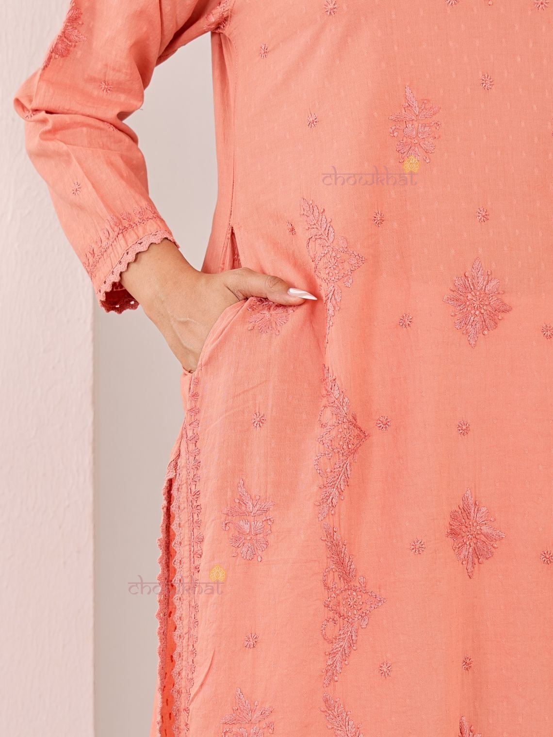 Tara Cotton Dobby Straight Long Chikankari Kurti with pocket - Chowkhat Lifestyle