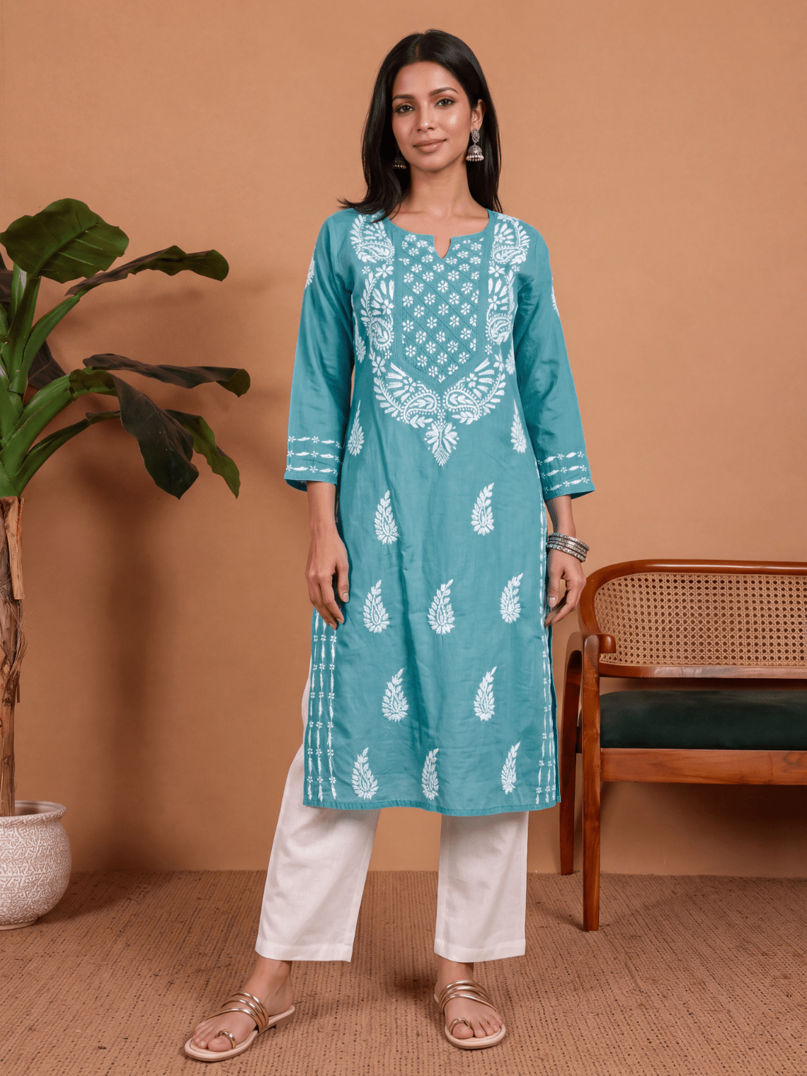 Rozana Cotton Chikankari Long Kurti - Chowkhat Lifestyle