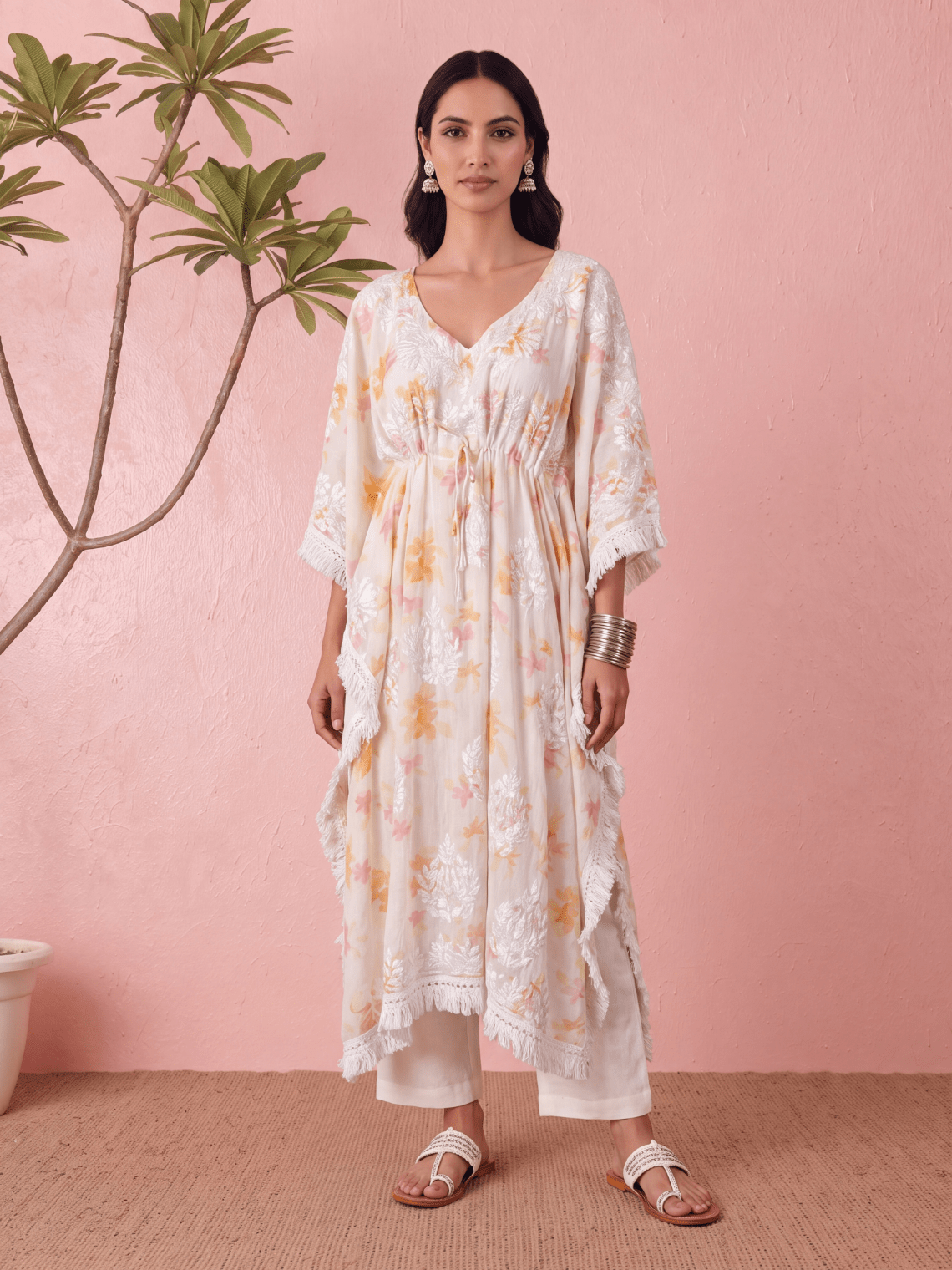 Vrinda Mul Cotton Long Chikankari Kaftan - Chowkhat Lifestyle