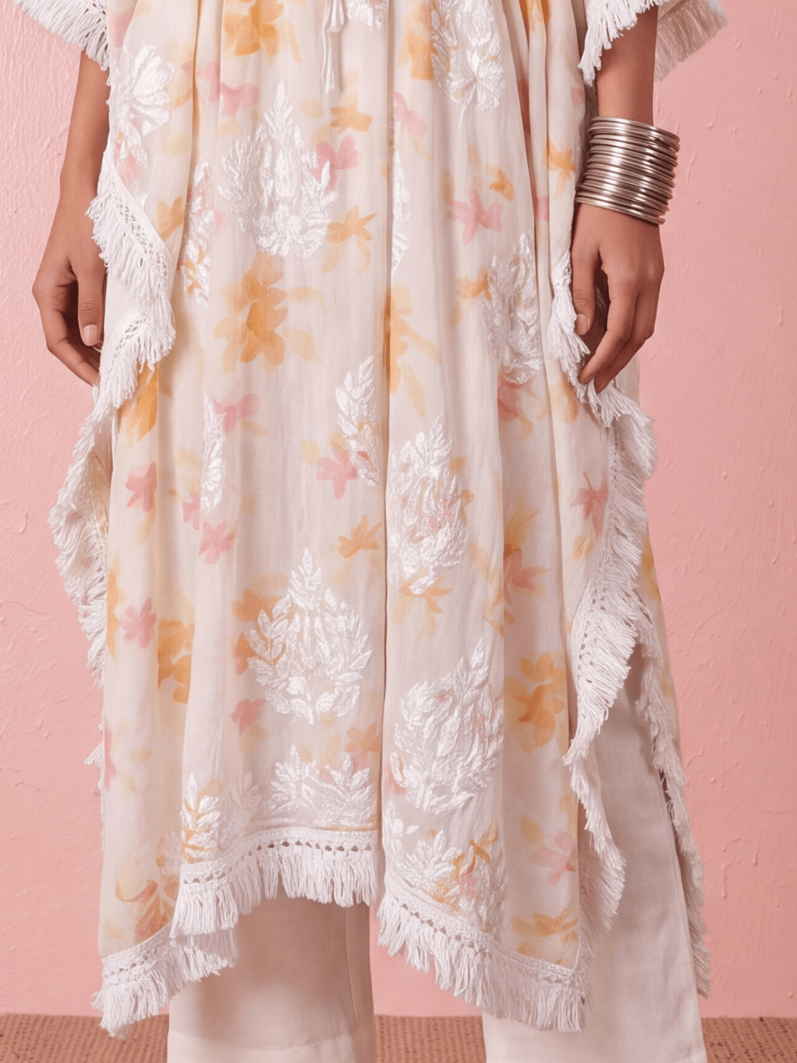 Vrinda Mul Cotton Long Chikankari Kaftan - Chowkhat Lifestyle