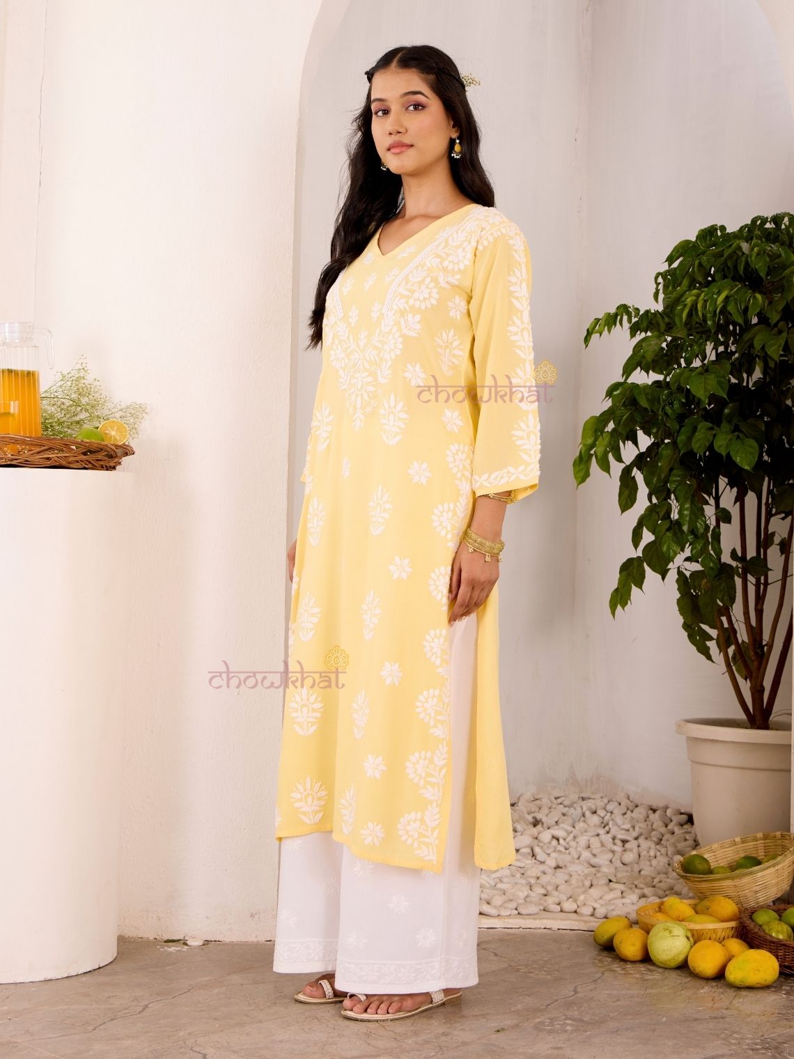 Navya Rayon Straight Chikankari Kurti with Lace - Chowkhat Lifestyle