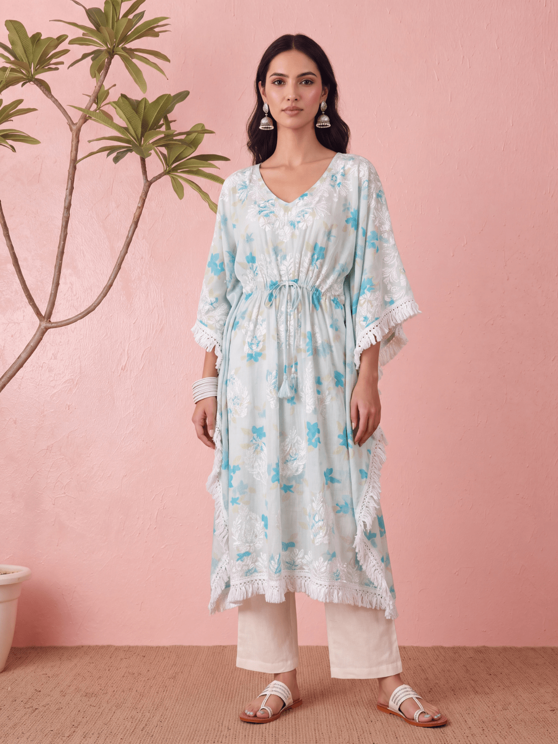 Vrinda Mul Cotton Long Chikankari Kaftan - Chowkhat Lifestyle