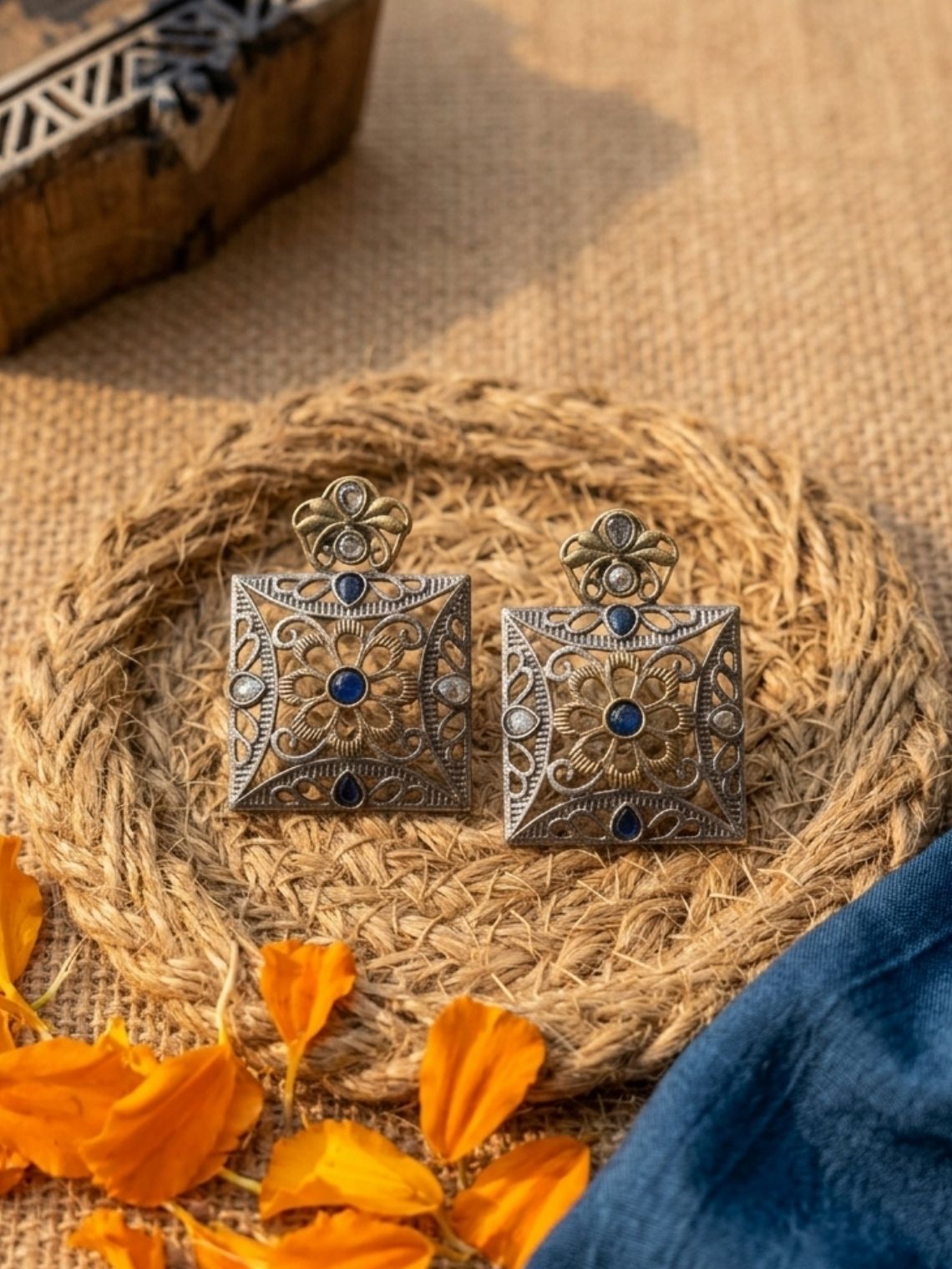 Dual Tone Charm Oxidised Earrings