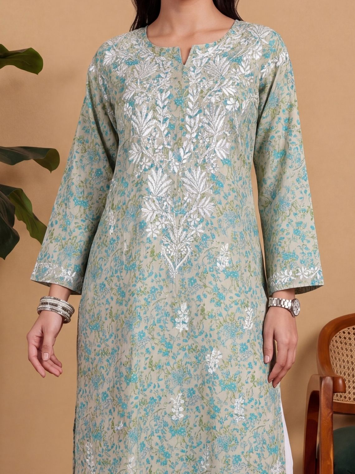 Nandini Cotton Straight Long Chikankari Kurti - Chowkhat Lifestyle