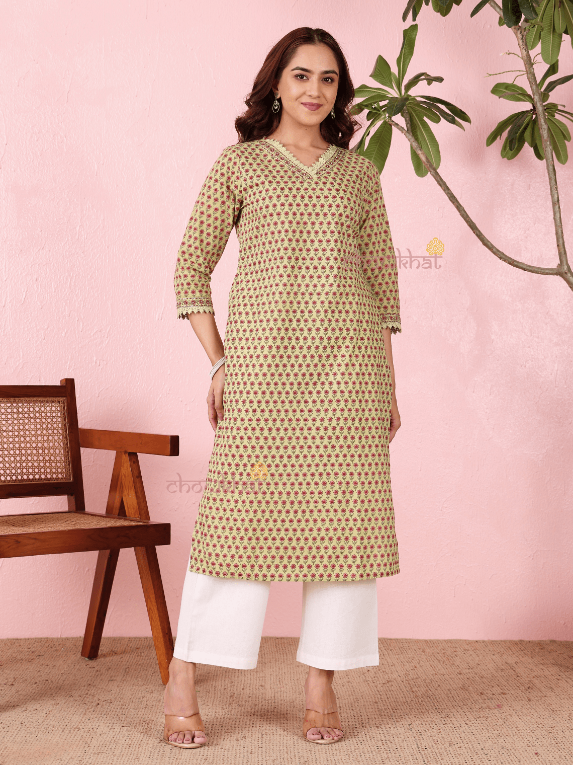 Vedika Cotton Hand Printed Straight Kurti With Handwork - Chowkhat Lifestyle