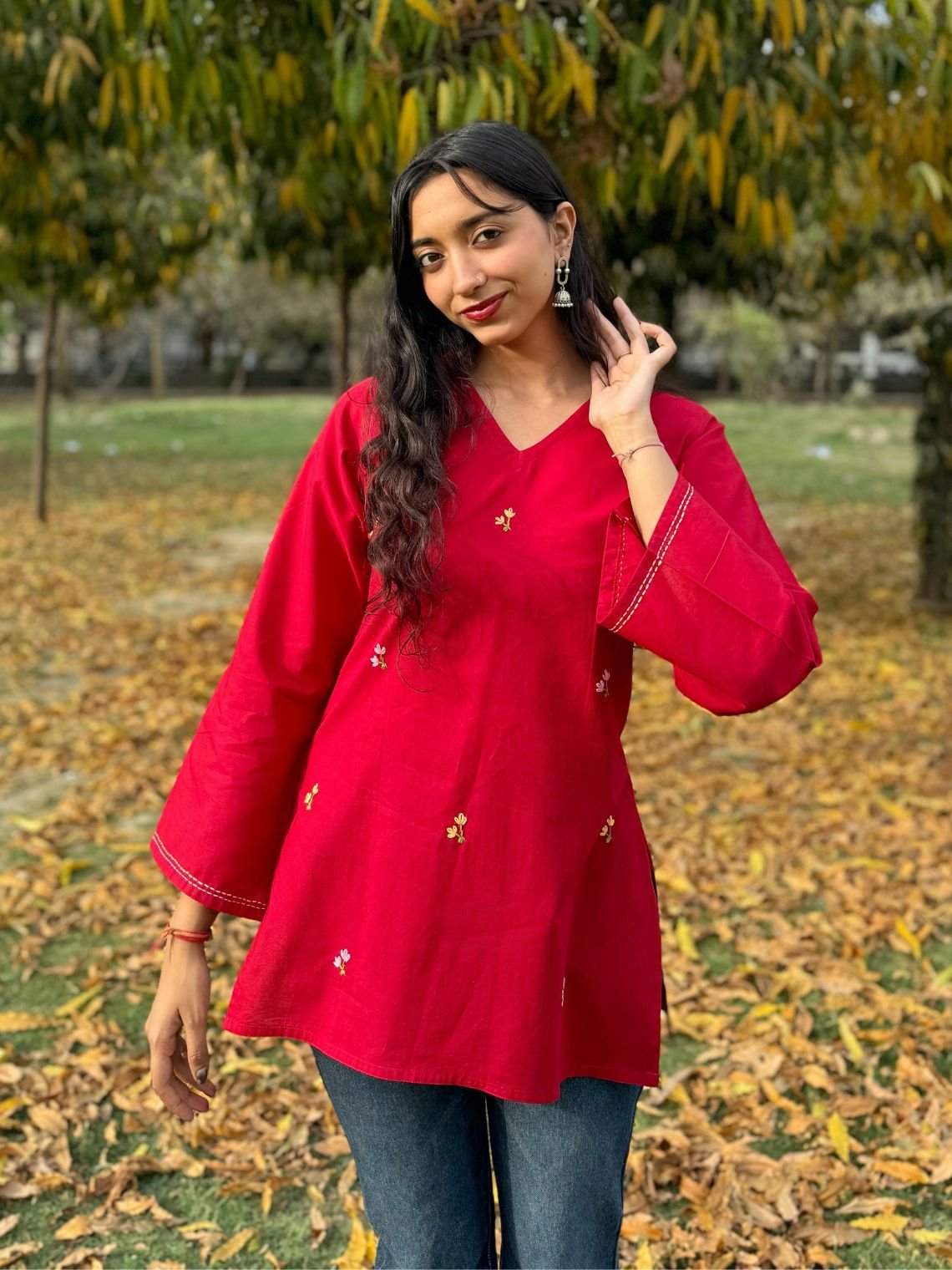 Kumkum Hand Embroidered Short Cotton Kurti - Chowkhat Lifestyle