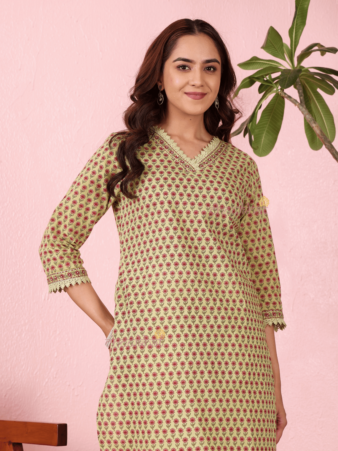 Vedika Cotton Hand Printed Straight Kurti With Handwork - Chowkhat Lifestyle