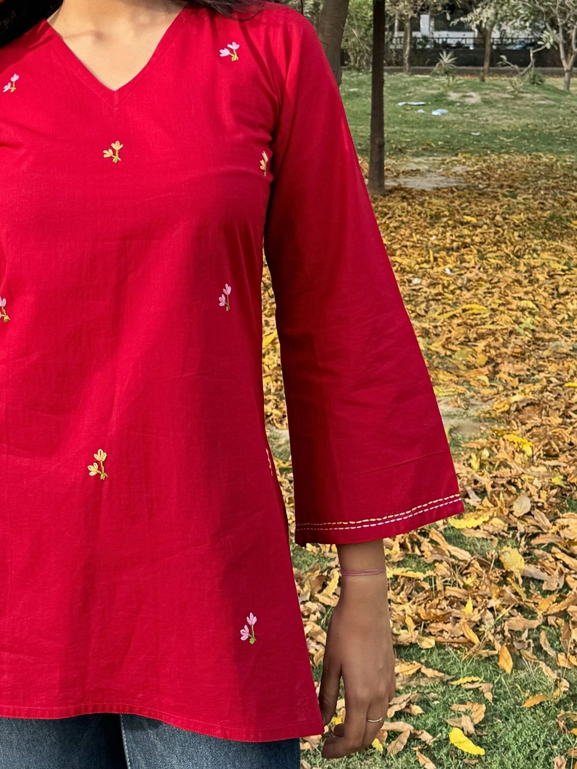 Kumkum Hand Embroidered Short Cotton Kurti - Chowkhat Lifestyle