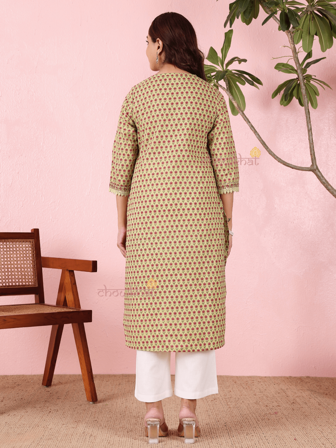 Vedika Cotton Hand Printed Straight Kurti With Handwork - Chowkhat Lifestyle