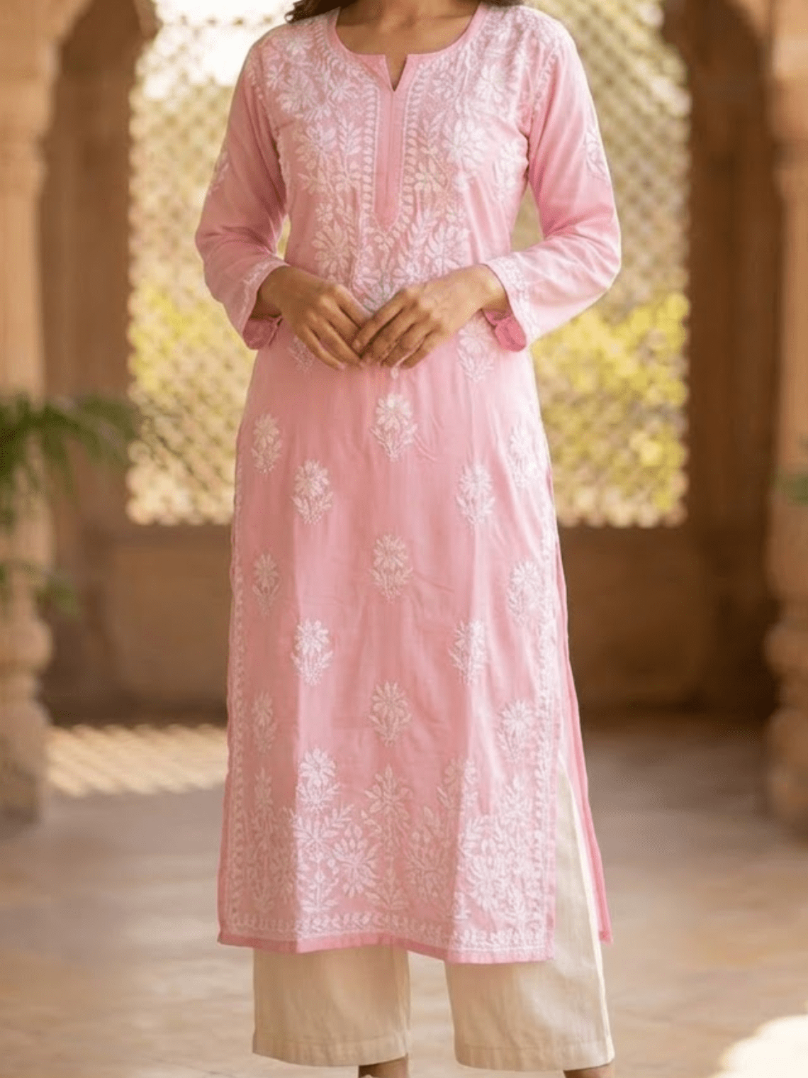 Krisha Modal Straight Long Chikankari Kurti - Chowkhat Lifestyle