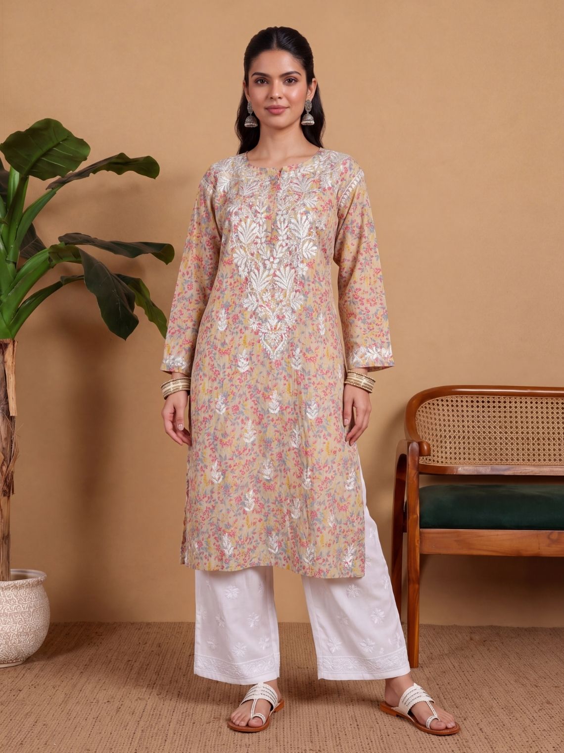 Nandini Cotton Straight Long Chikankari Kurti - Chowkhat Lifestyle