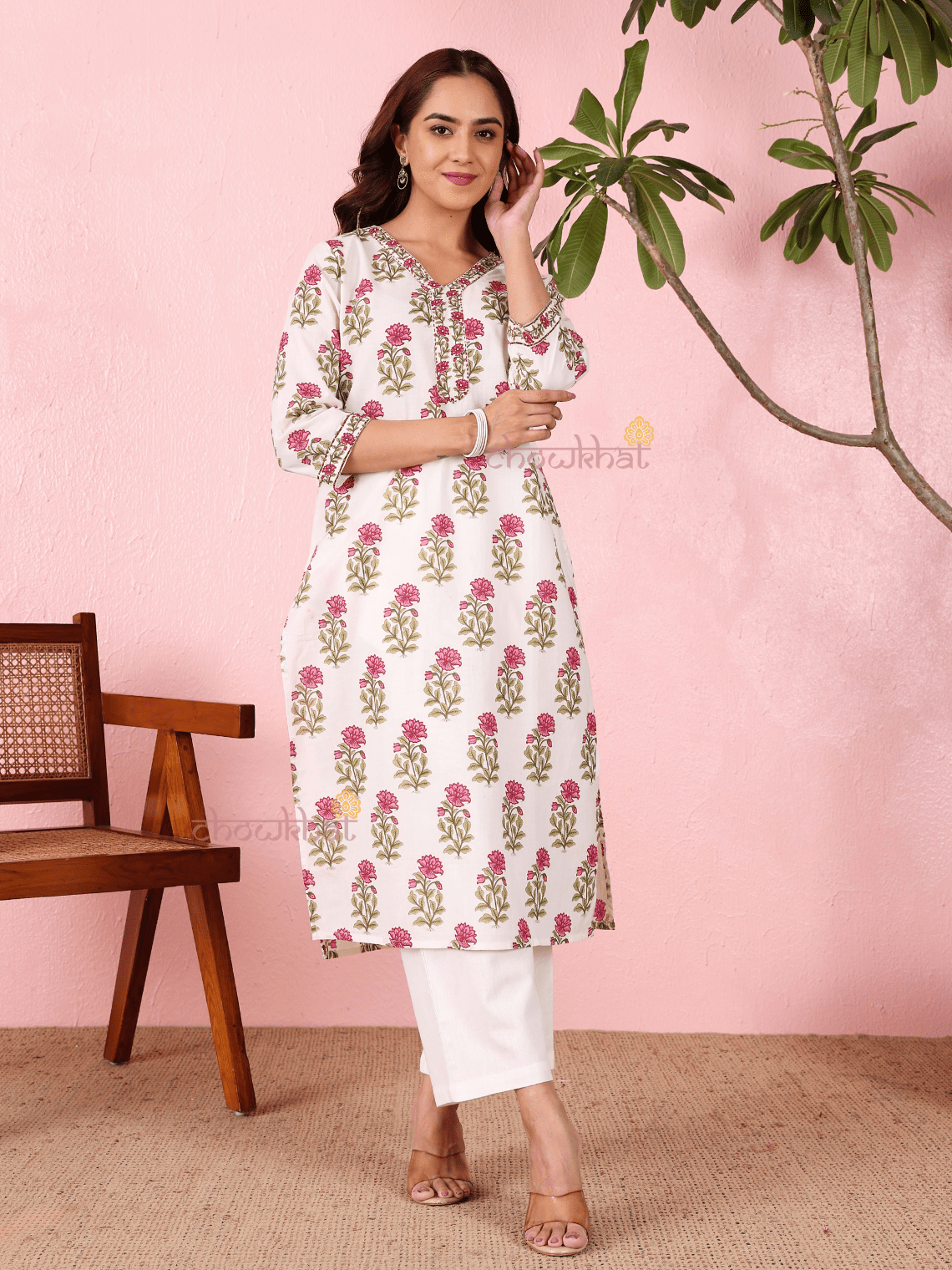 Akrita Cotton Hand Printed Straight Kurti With Handwork - Chowkhat Lifestyle