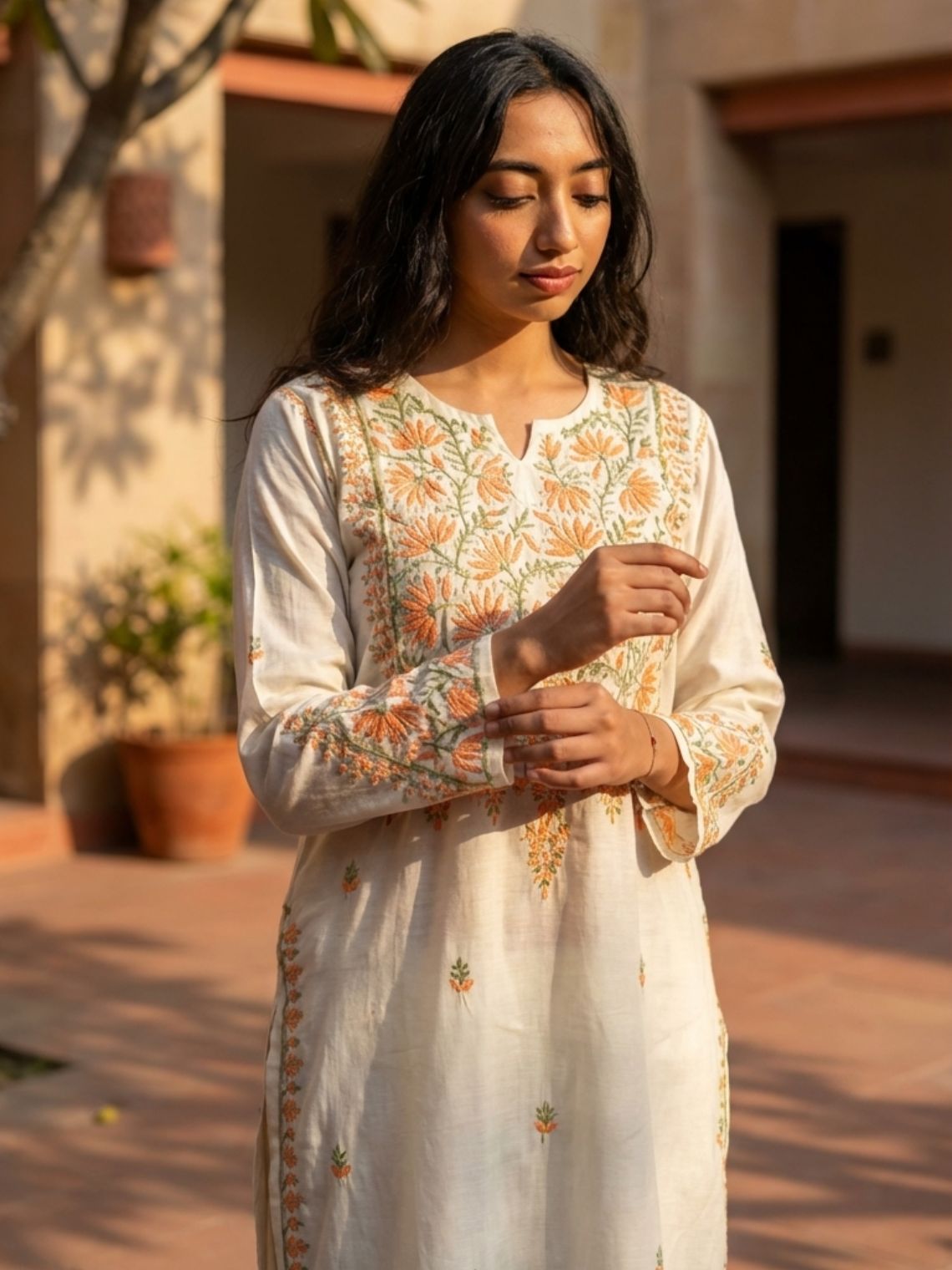 Phool Premium Chanderi Straight Chikankari Kurti - Chowkhat Lifestyle